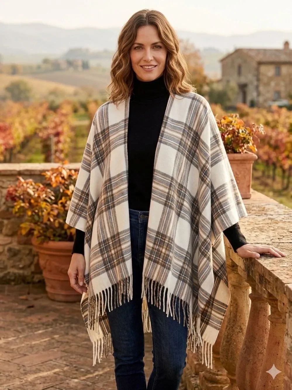 Take 50% OFF- Plaid Fringe Wrap Cape - Cream with Brown & Gray Plaid, Size-OS
